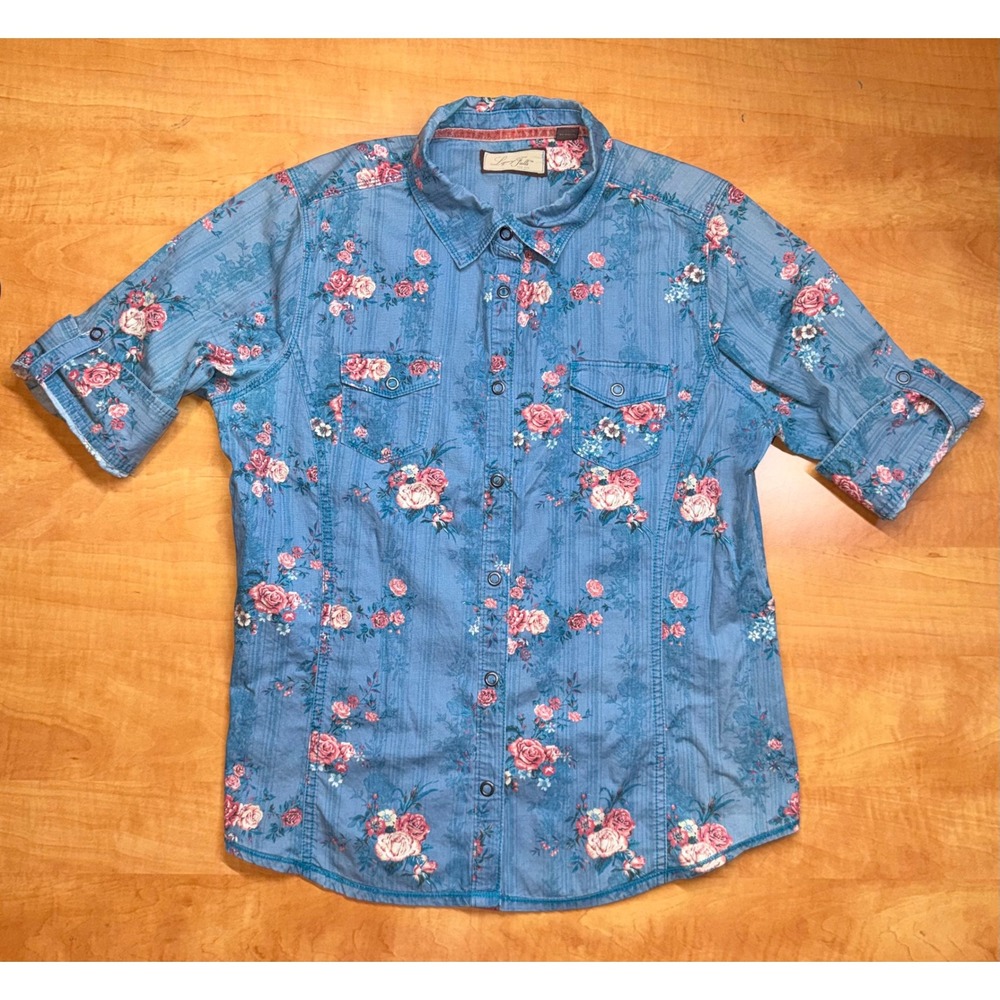 Legacy Falls For Her Blue Floral Denim Snap Front Western Shirt Womens Medium